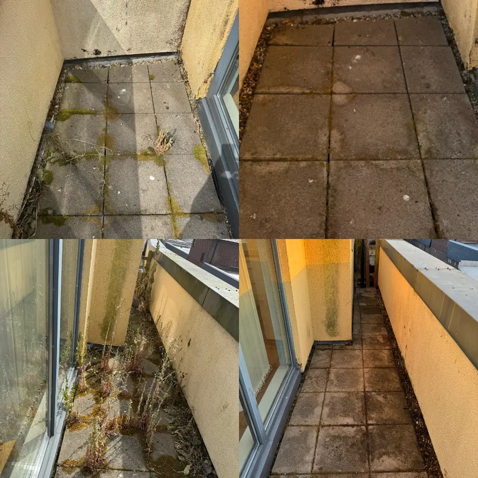 Before-and-after comparison of balcony tiles after weeds and surface debris were removed