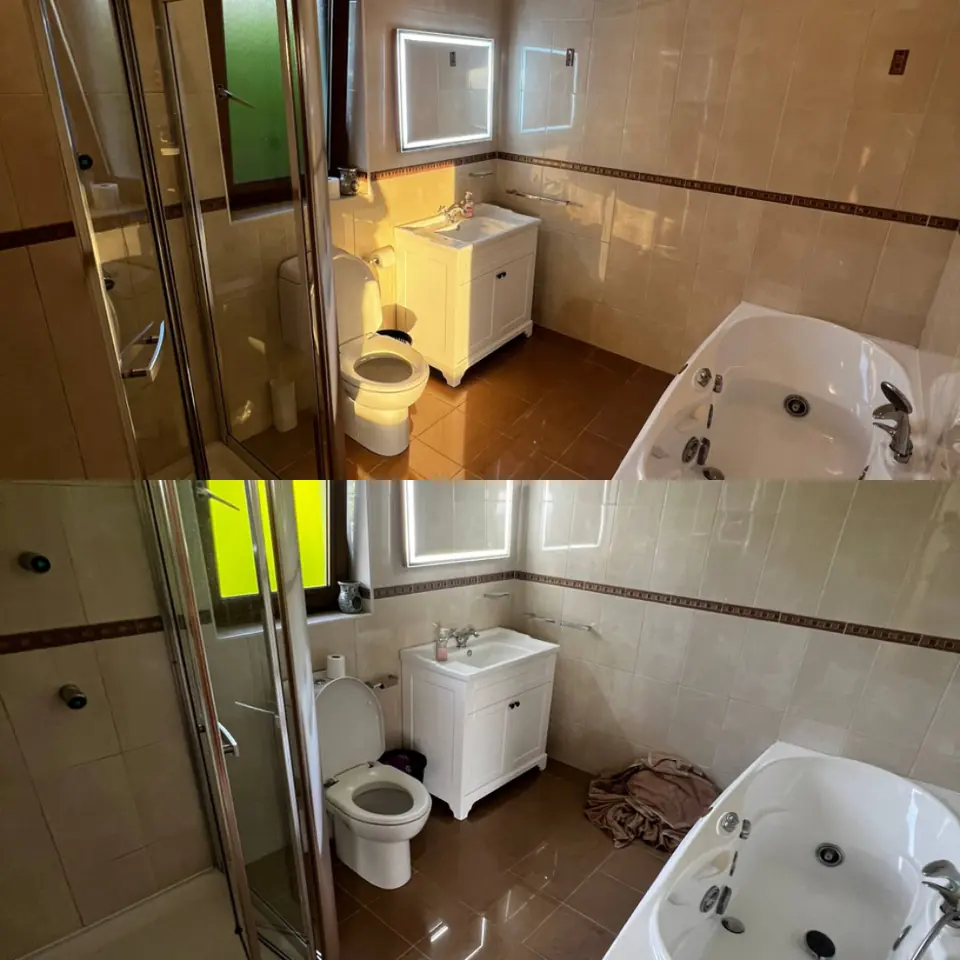 Bathroom before and after cleaning, with towels removed from the floor