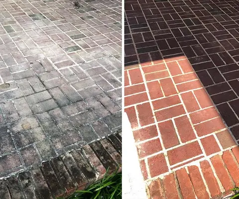 Brick paving with dark surface build-up before cleaning and clean brickwork afterward