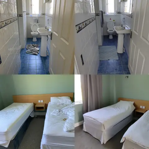 Bathroom and twin bedroom before cleaning, then tidy with both beds made