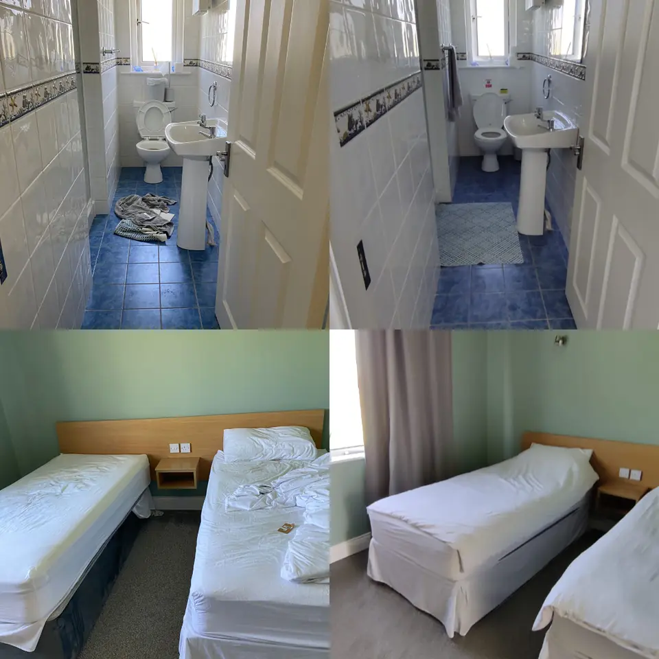 Before-and-after comparison of a guest bathroom and twin bedroom turnover