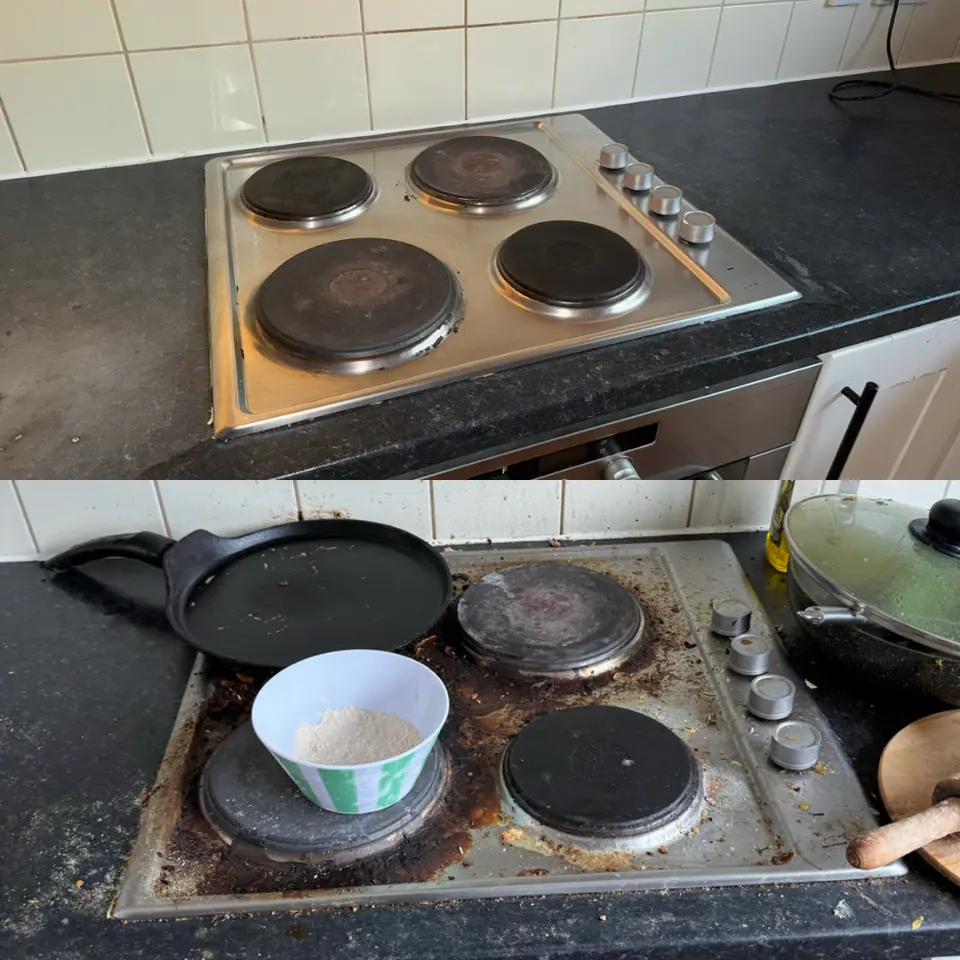 Cleaned ceramic hob shown above its greasy pre-clean condition