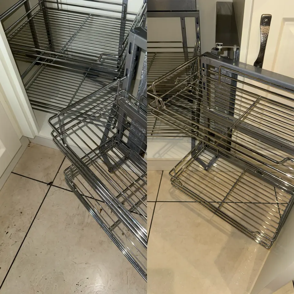 Before-and-after comparison of cleaned kitchen pull-out wire storage and surrounding floor