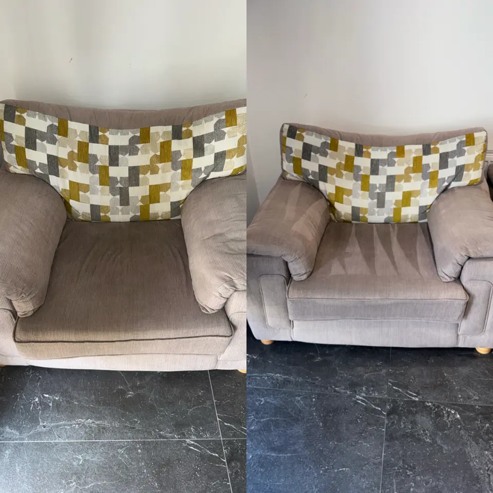 Patterned armchair during upholstery cleaning and after the fabric was reset