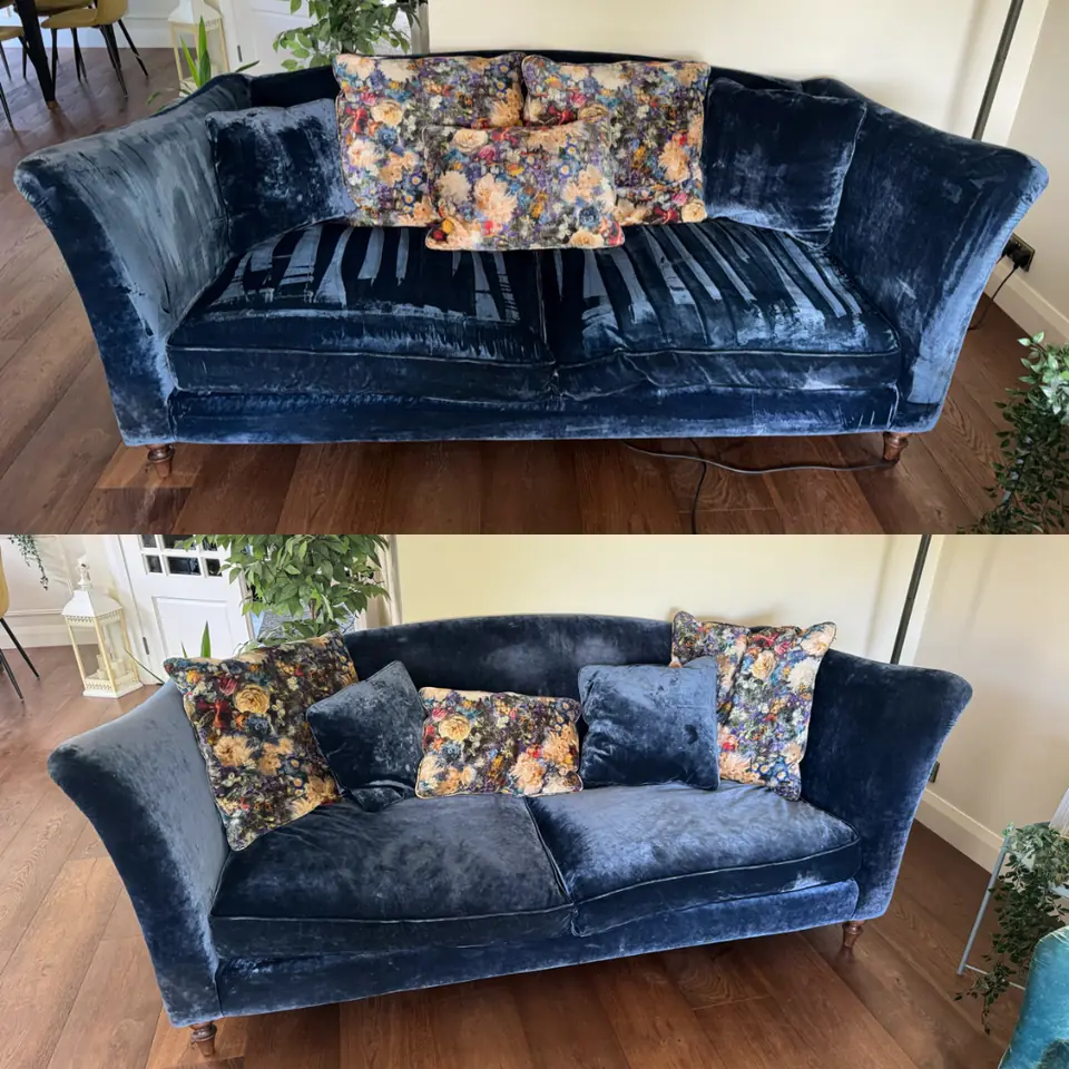 Blue velvet sofa during upholstery cleaning and after its cushions were reset